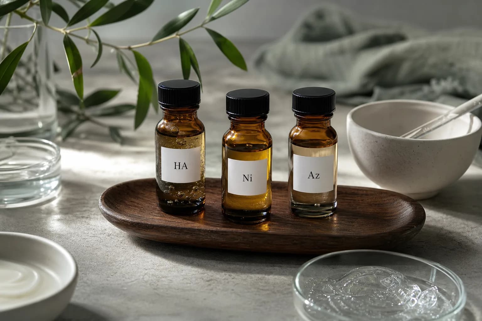 Three ingredient vials on a wooden tray labeled HA, Ni, Az