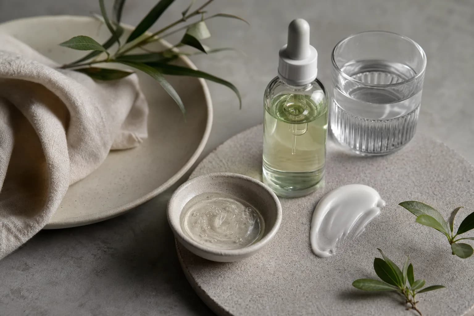 Morning routine flat lay with light gel serum and sunscreen