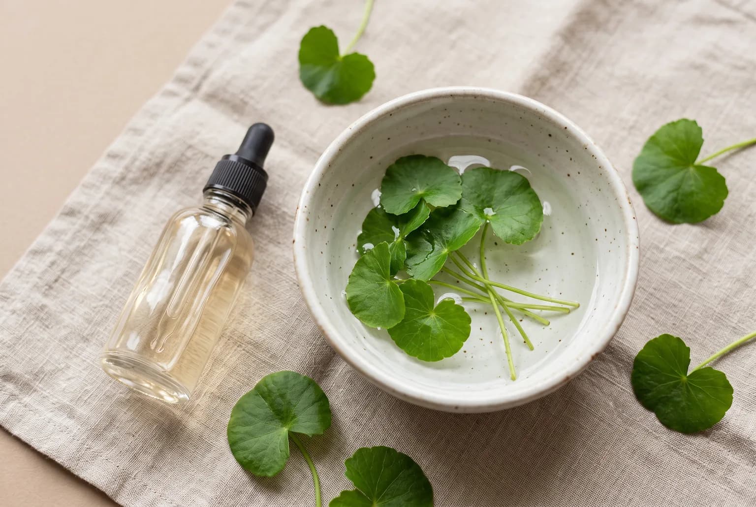Minimal glass serum bottle with pipette beside water bowl and centella leaves, soft daylight