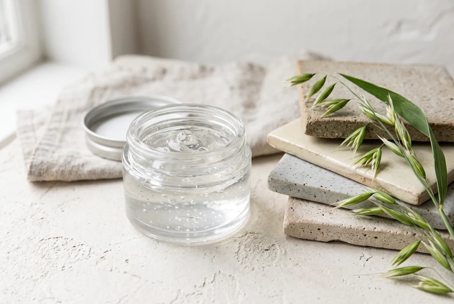 Clear gel serum in an open jar with ceramic tiles and a small plant sprig, close crop
