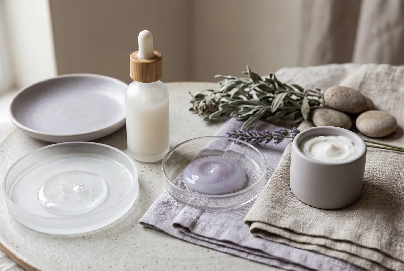 Tray with water-gel serum, cream moisturizer, and folded cloth in warm window light
