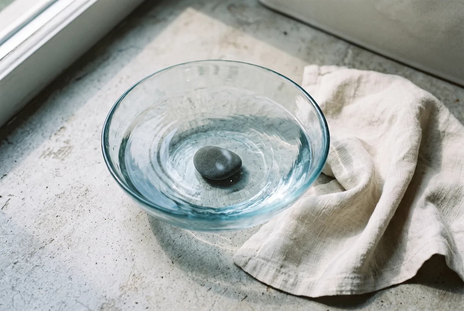 Clear water rippling around a smooth stone and pale linen cloth