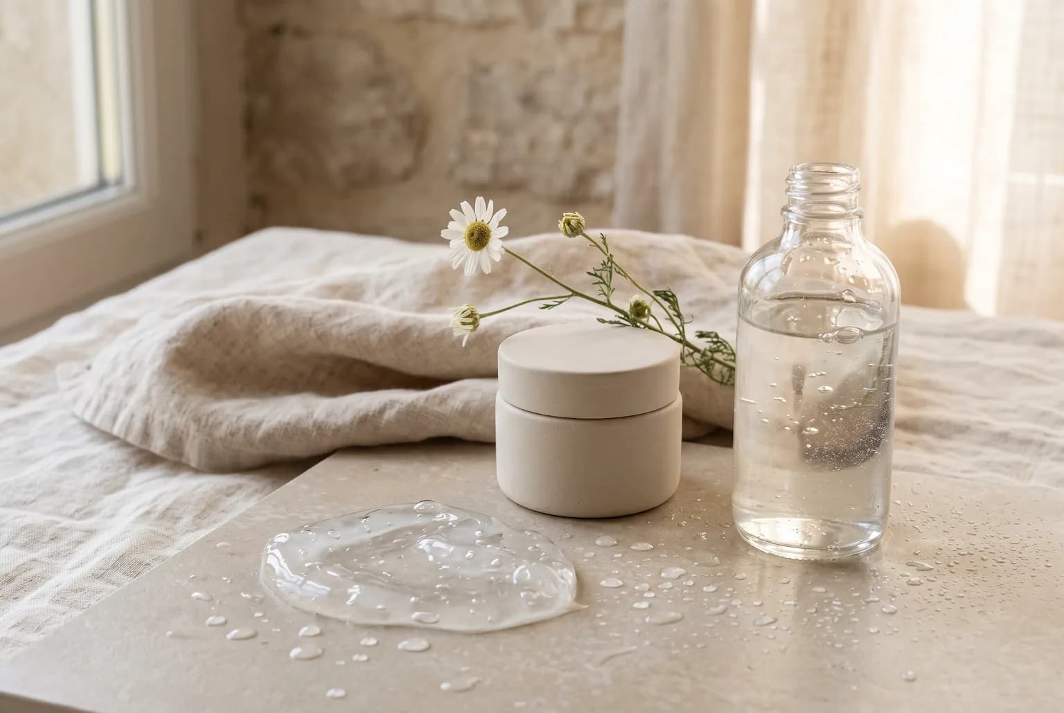 Clean toiletries on a muted countertop with linen, symbolizing a pared-back routine.