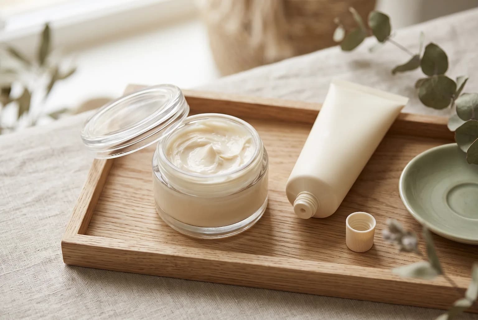 Two moisturizer textures, thick cream and lightweight lotion, on a tray.