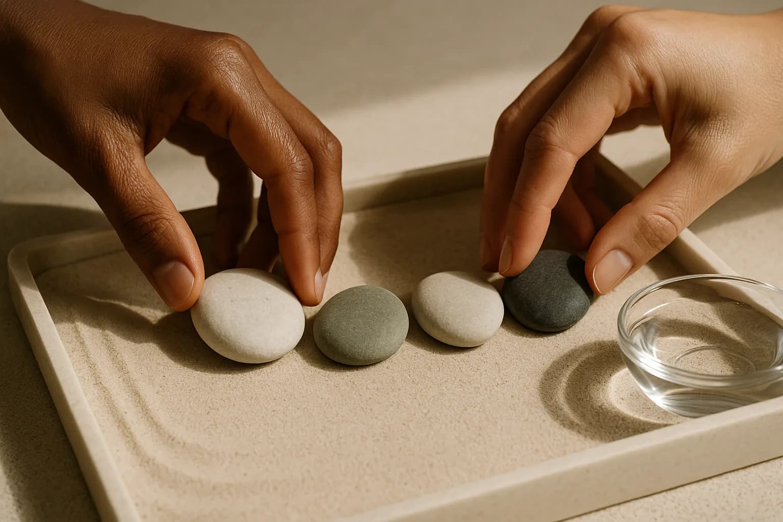 Hands arranging four stones in sand to represent the sequence of a beginner skin cycling routine