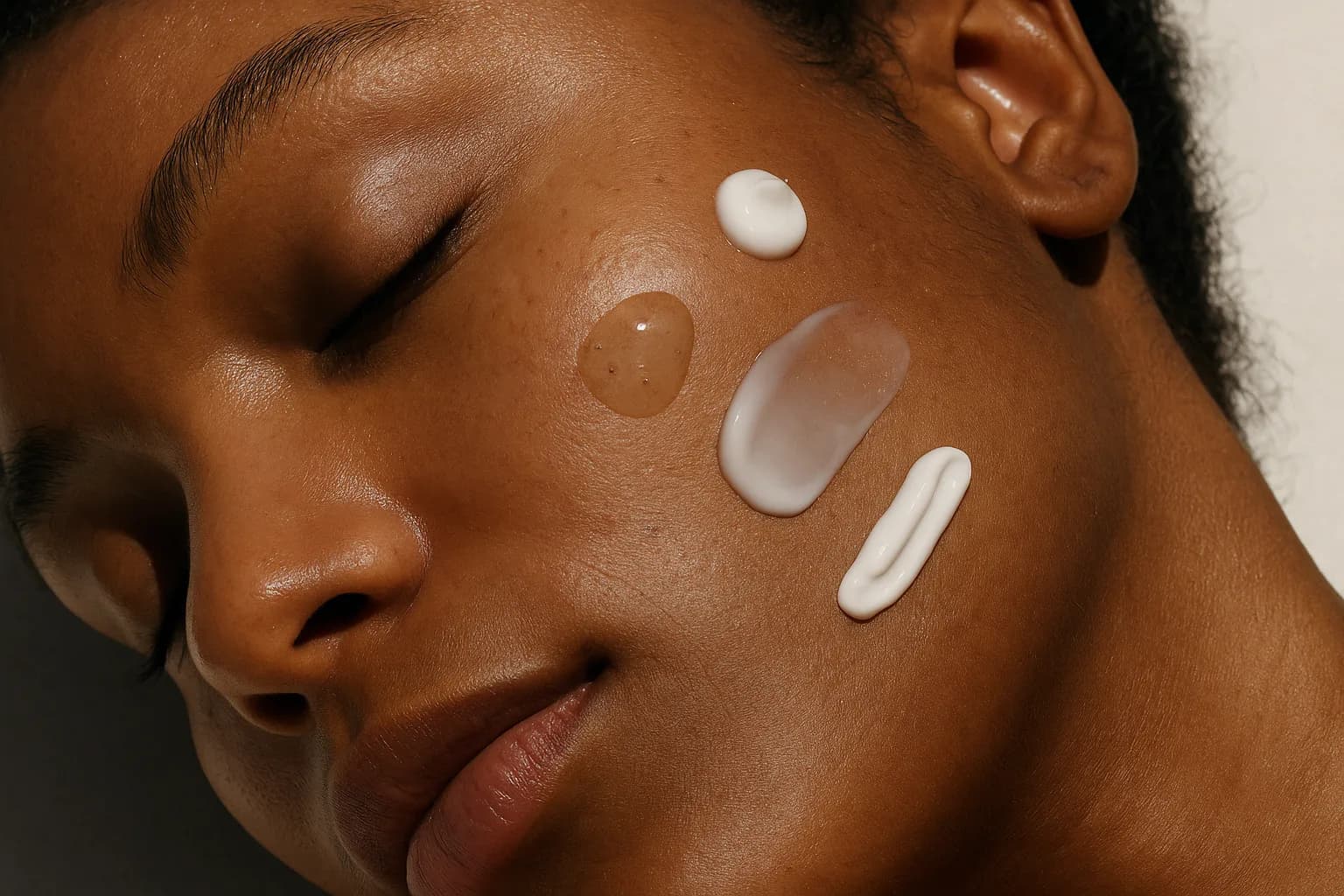 Different skincare textures on porcelain tiles representing exfoliant, retinoid, and moisturizer formats