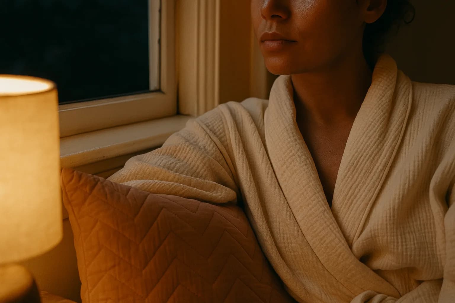 A calming nighttime recovery ritual with soft bedding and warm bedside light