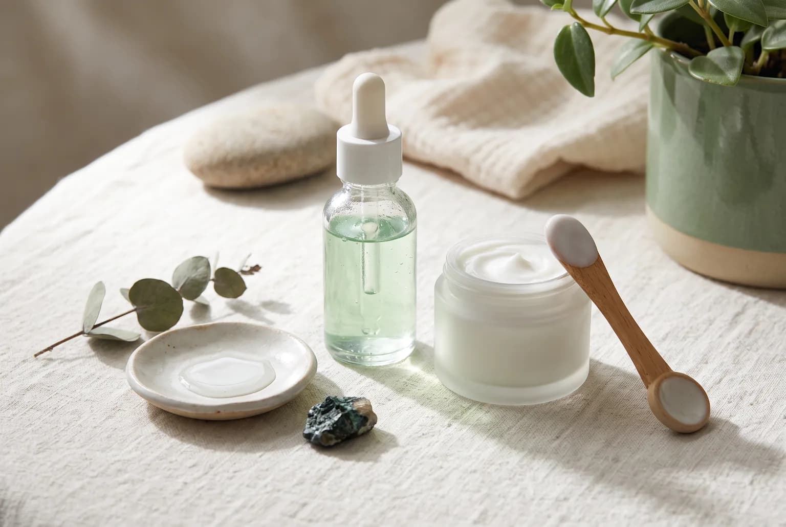Flat-lay of minimalist skincare bottles and gel textures on cool stone for acne-prone oily skin