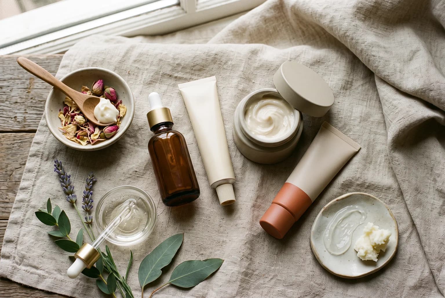 Flat lay still life: vitamin C serum, retinoid tube, moisturizer jar, and SPF on linen