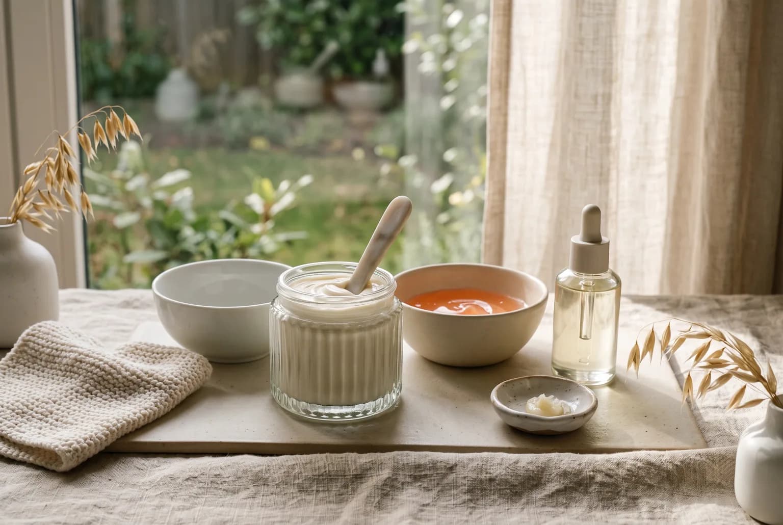 Ceramic dish with a scoop of gentle cream cleanser and water droplets