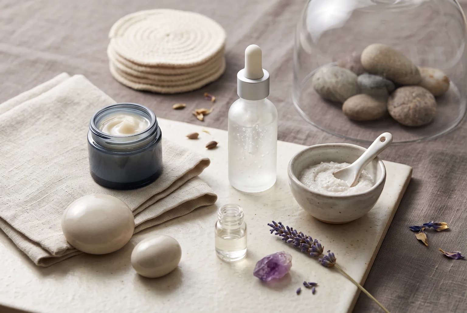 Eye and neck treatment jars with a gentle exfoliant bottle on a wooden tray
