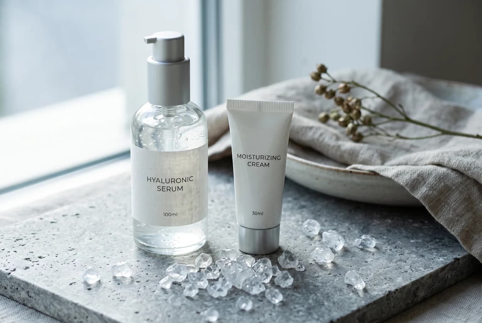 Pump bottle, cream tube, and hyaluronic acid beads on stone surface