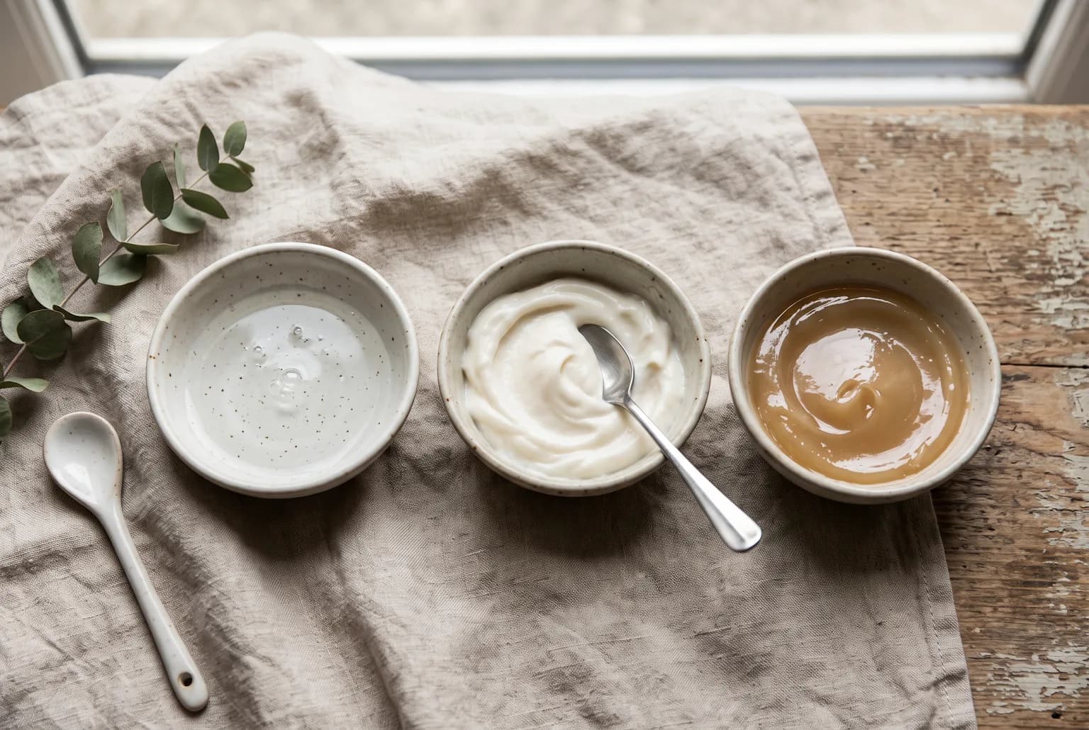 Bowls with serum, cream, and balm showing different textures