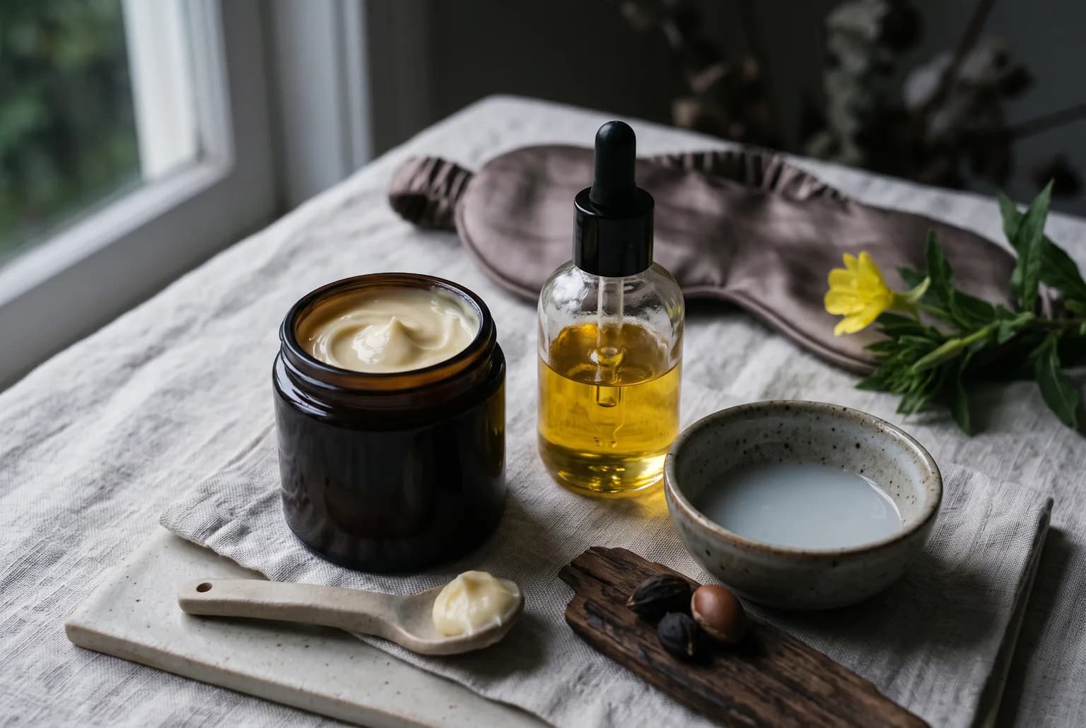 Amber jar of thick night cream with spoon and silk scarf in warm light