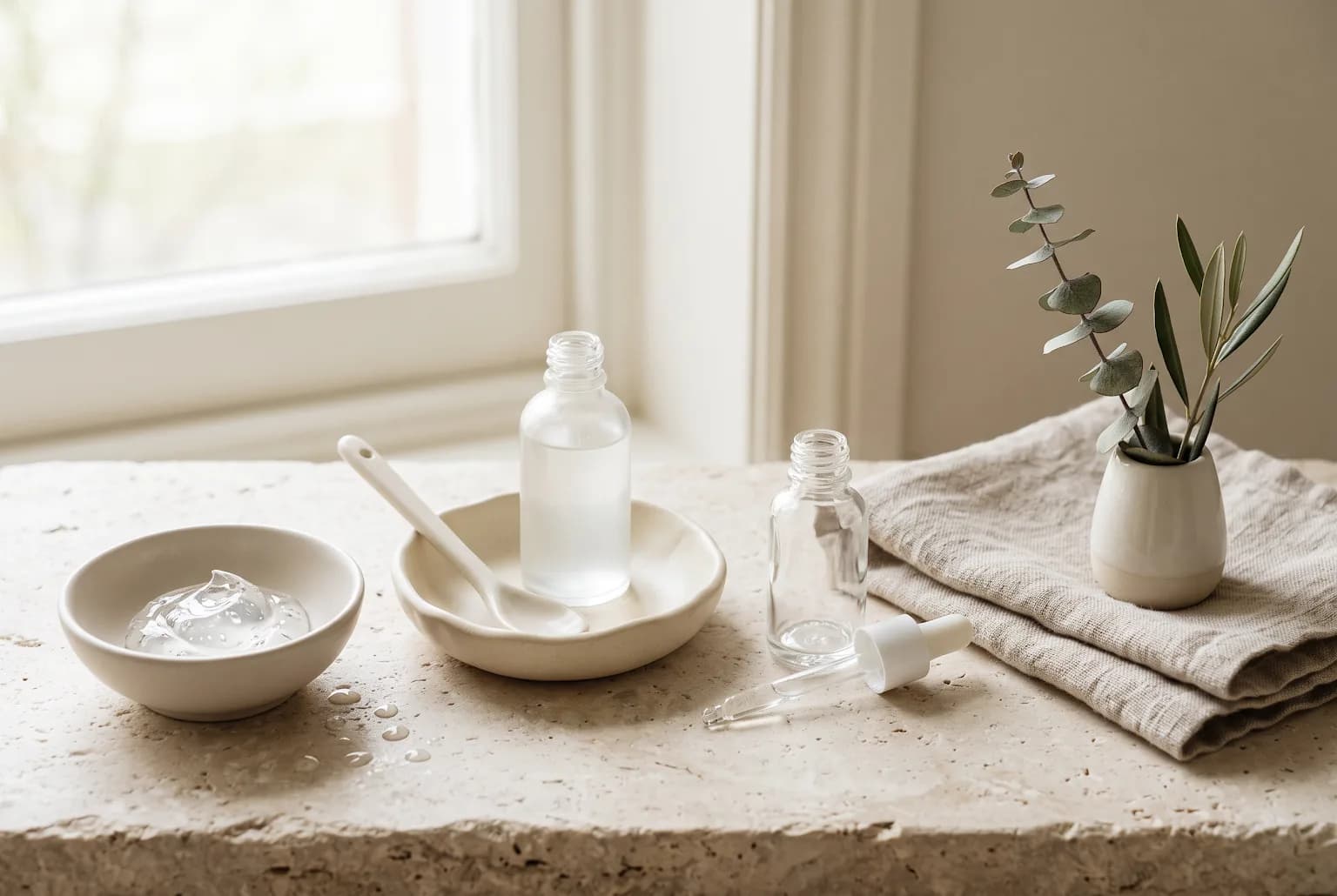 Cleansers: pump bottle and balm tin on cool-toned surface with cloth
