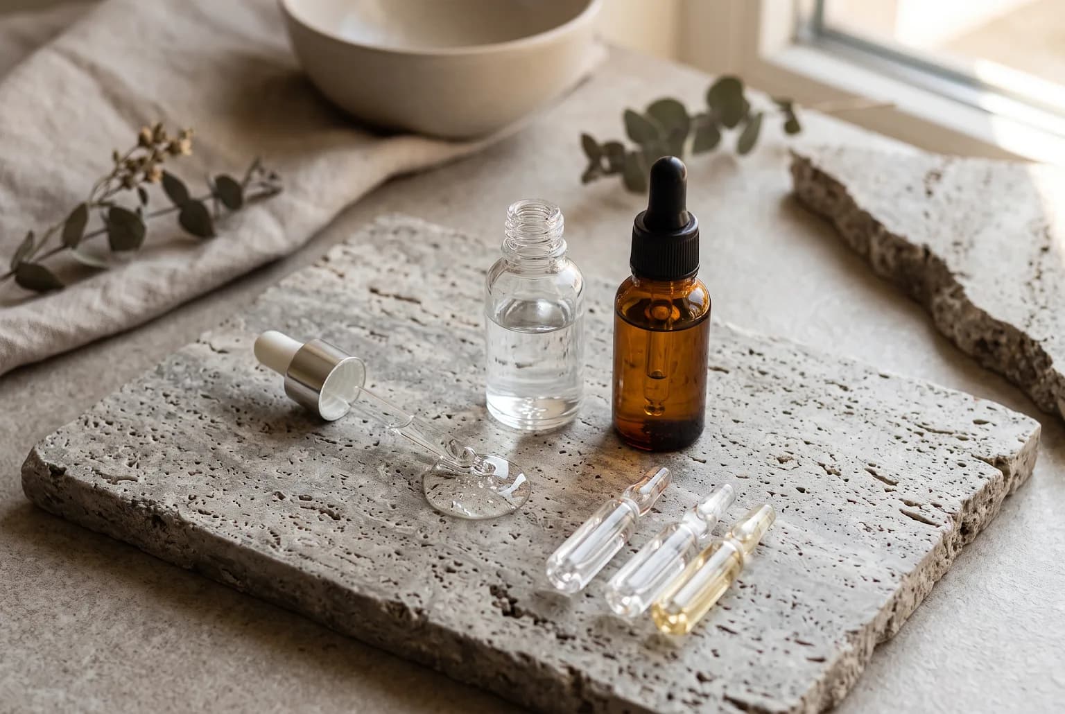 Serum bottles and ampoules on a stone slab with a drop of serum
