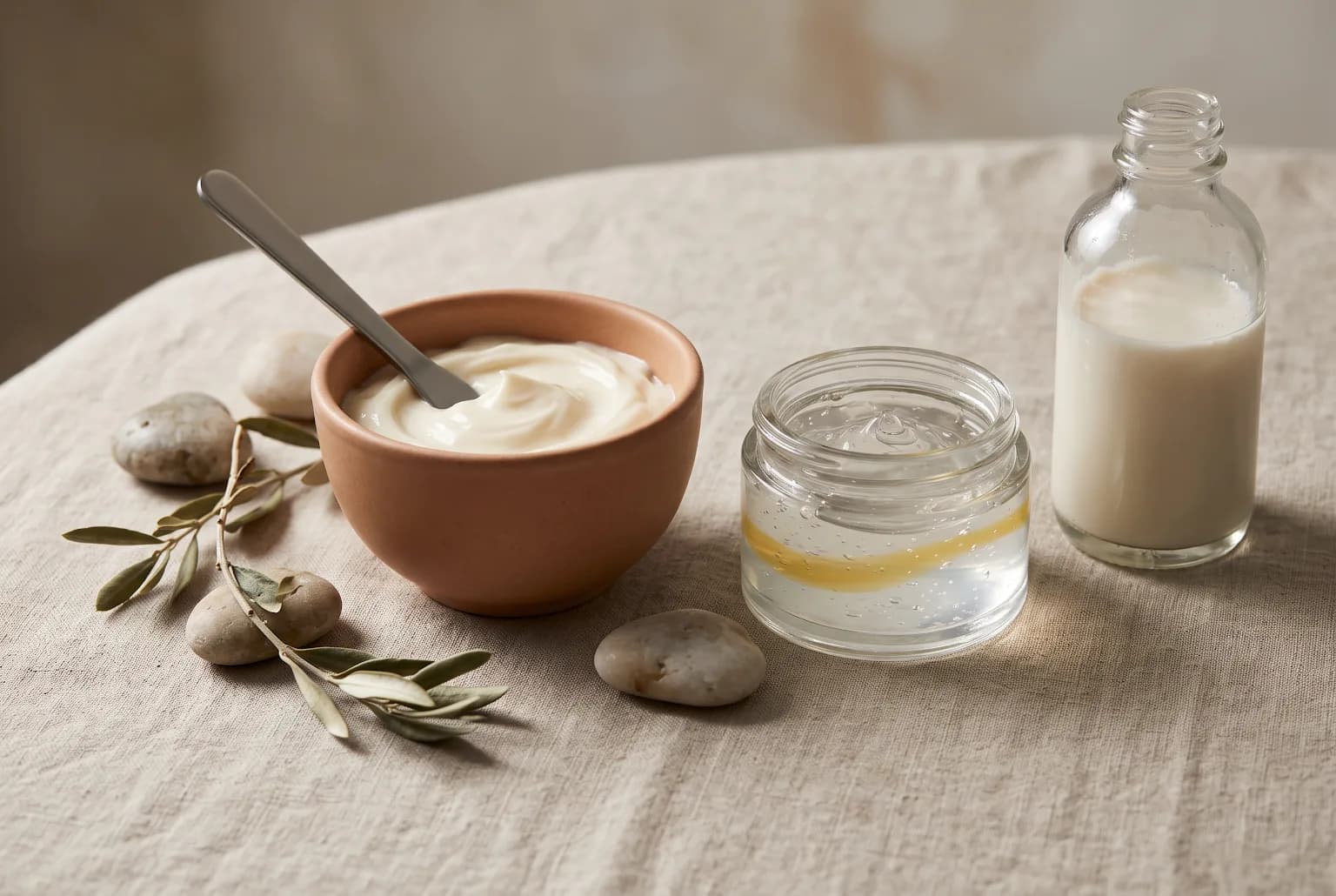 Moisturizer jar, sunscreen tube, and cream texture on wooden scoop