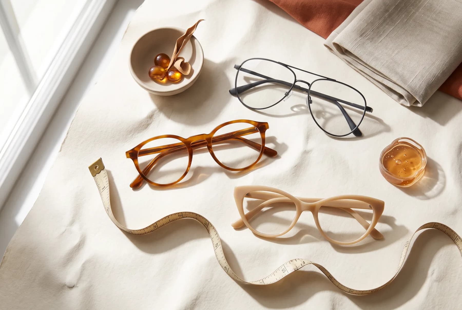 Aviator, round, and softly shaped cat-eye frames arranged with a measuring tape