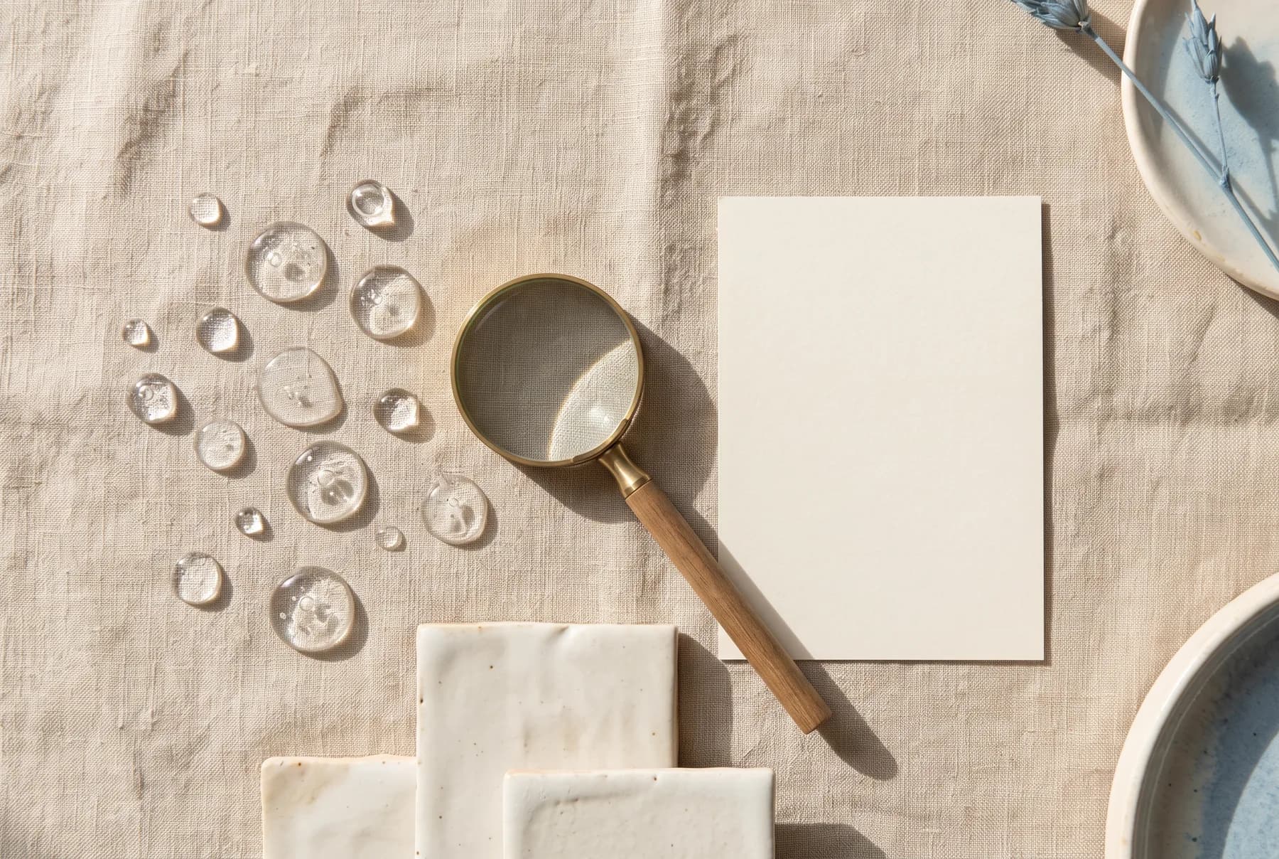 Minimal skincare research flat lay with clear droplets and a magnifying glass