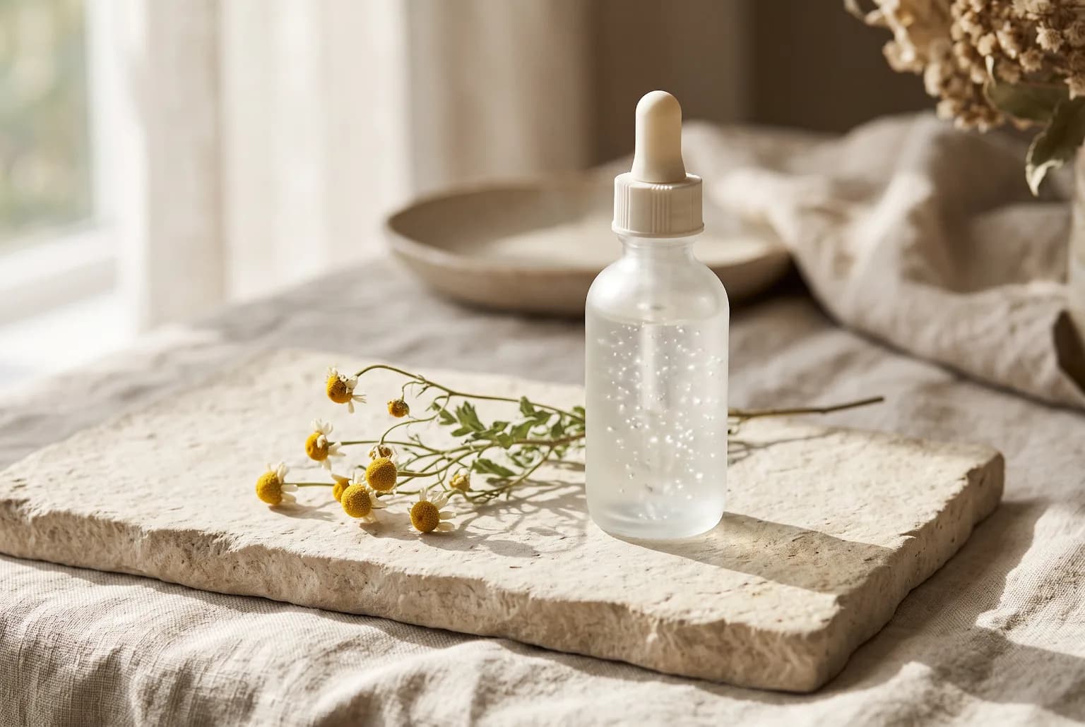 Hero: clear serum bottle with dropper on matte stone tray, warm light