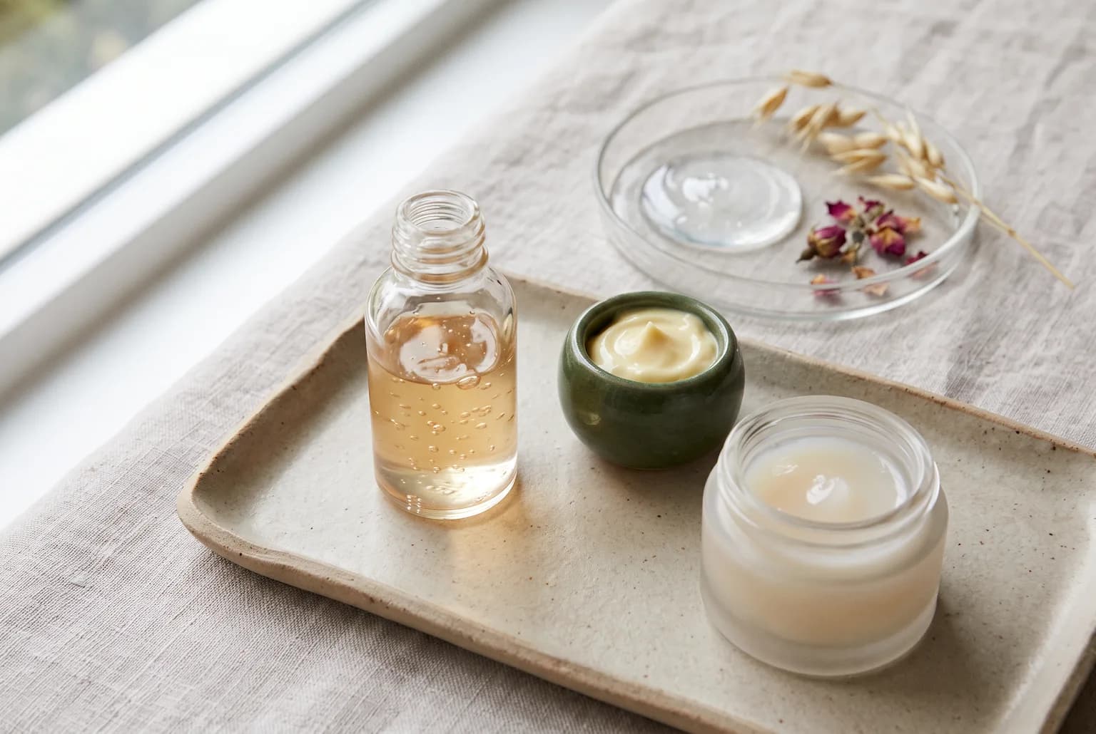 Morning vanity with sunscreen tube, serum bottle, and towel