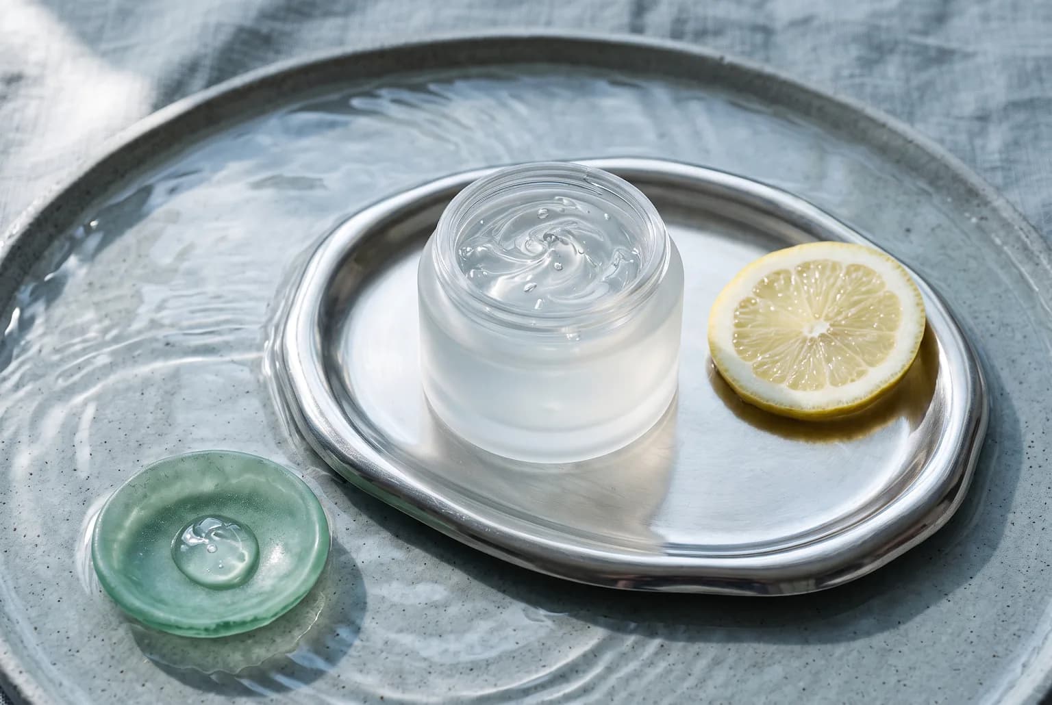 Editorial still life of translucent gel skincare textures on a cool blue tray with a citrus slice and reflective water