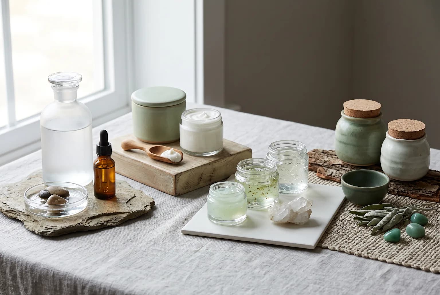 Four skincare texture formats arranged in ceramic dishes on a neutral surface
