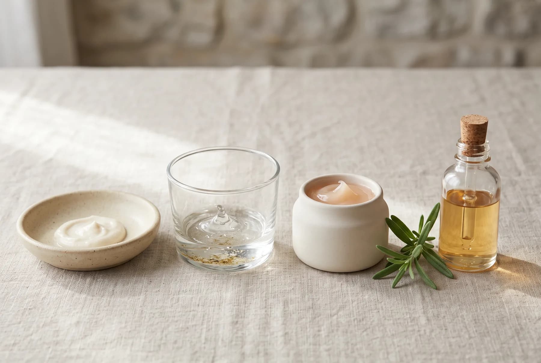 Hands pressing moisturizer onto damp skin in a calm morning bathroom setting