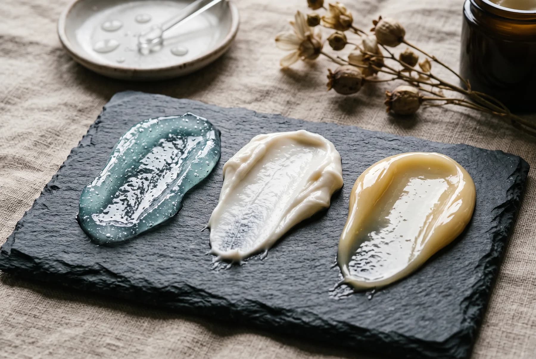 Three skincare textures showing gel, cream, and balm formats for dry skin
