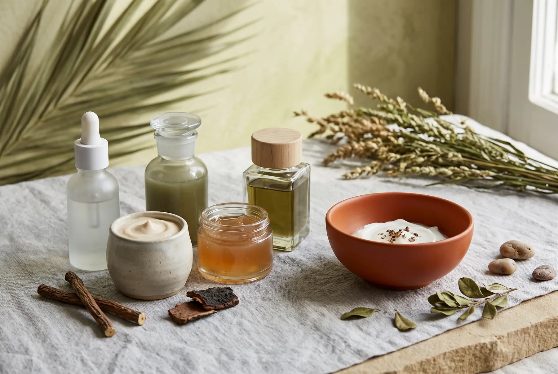 Abstract skincare textures in gel, cream, and serum formats on paper