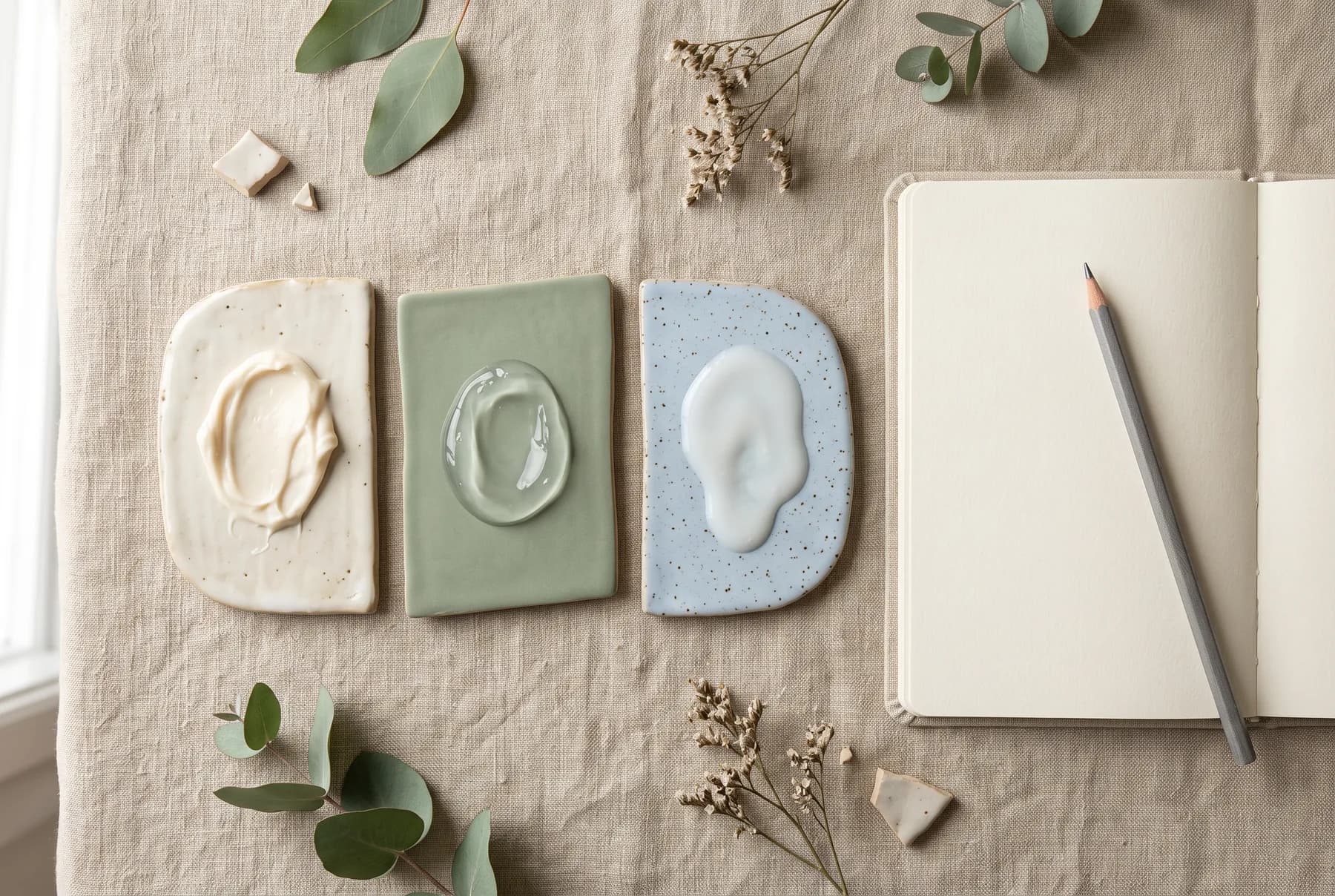 Three skincare textures on ceramic tiles for comparing lightweight and rich formula formats