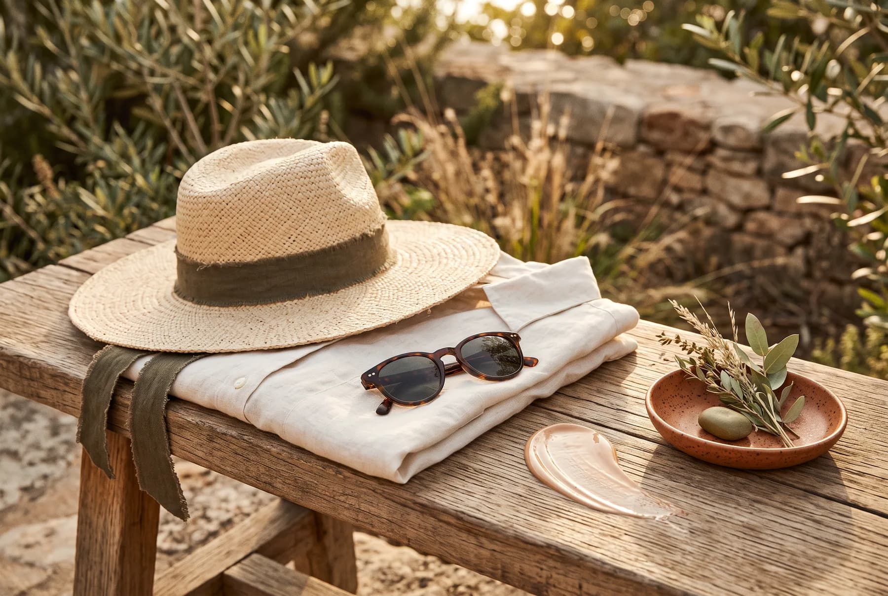 Sun-protection essentials styled on a warm wooden bench
