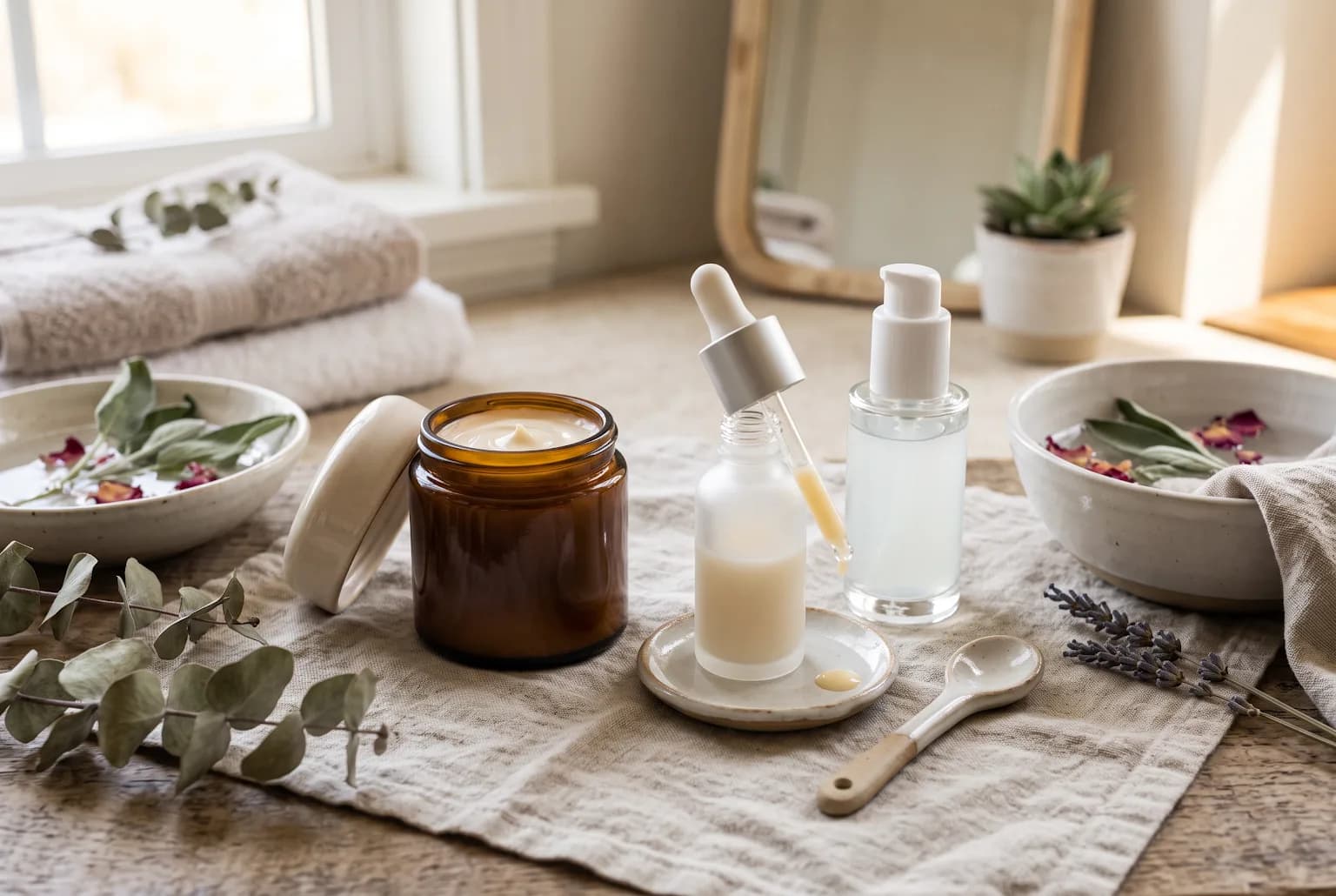 A softly lit nighttime skincare scene with cream on fingertips beside a translucent amber jar