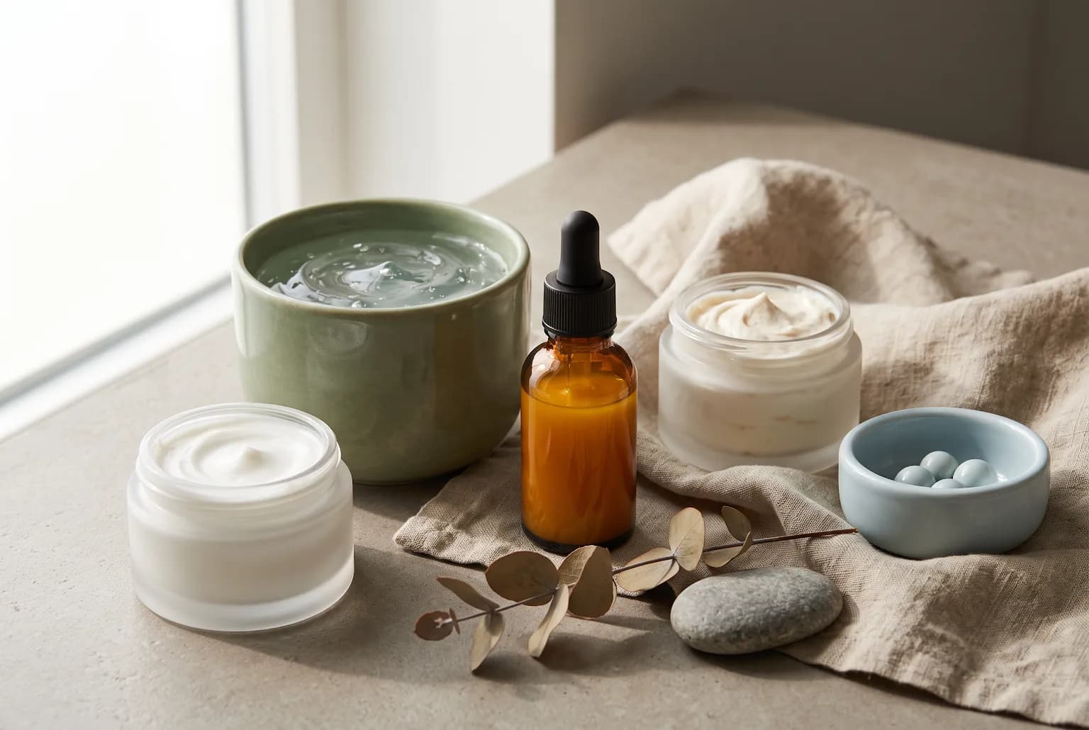 Three skincare textures arranged to show moisturizer, retinol, and moisturizer layering