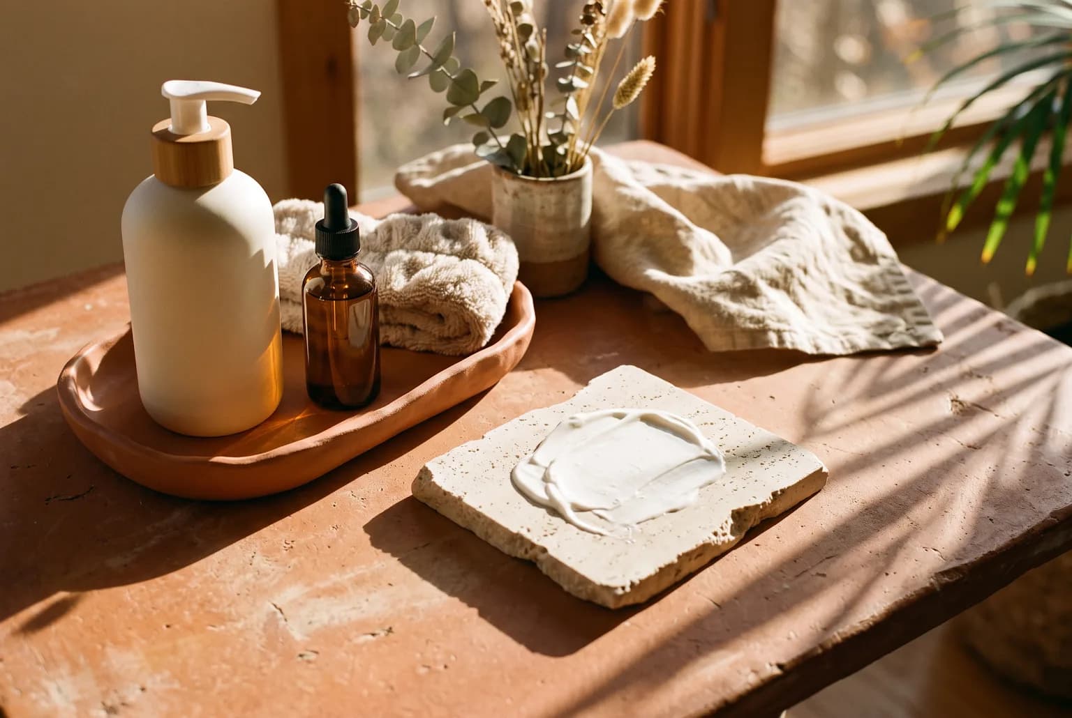 A minimal skincare arrangement illustrating a streamlined retinol routine and daytime sun protection