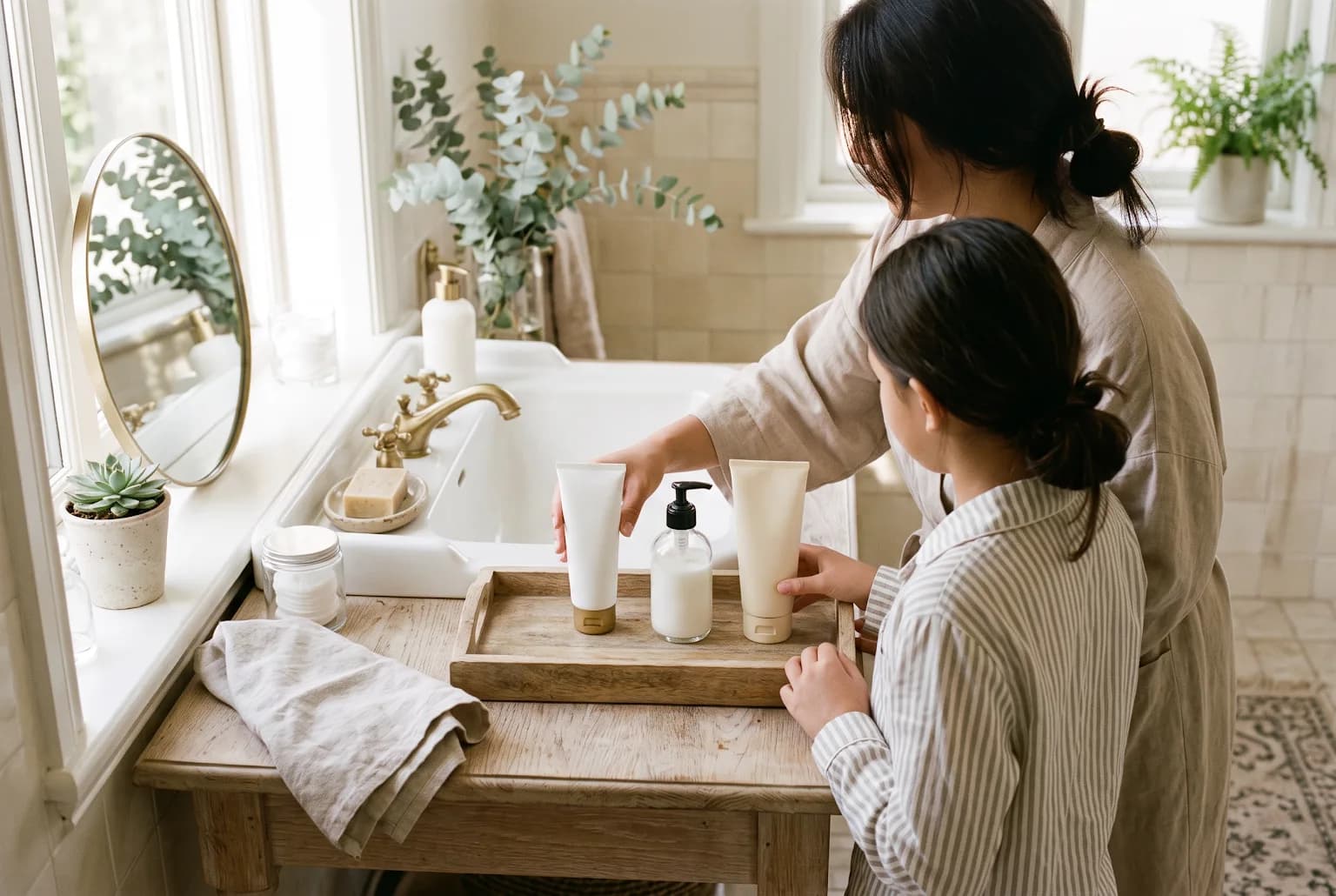Parent and tween organizing three simple skincare essentials beside a sunny bathroom sink