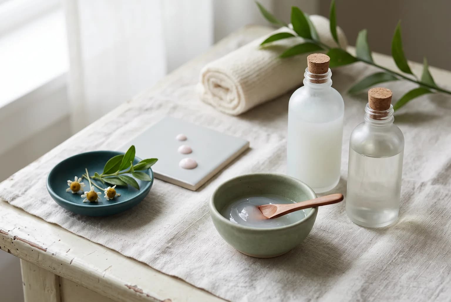 Minimal, gentle skincare products arranged for a targeted breakout routine