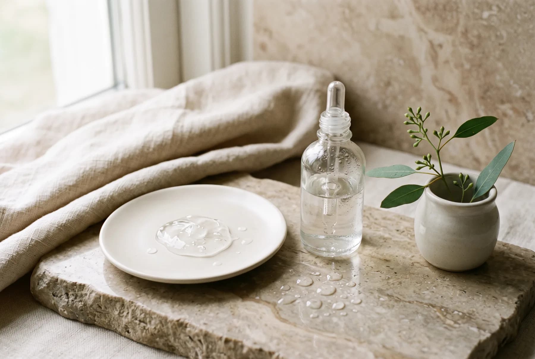 Warm-toned editorial still life of sun-protection and skincare textures beside a mirror