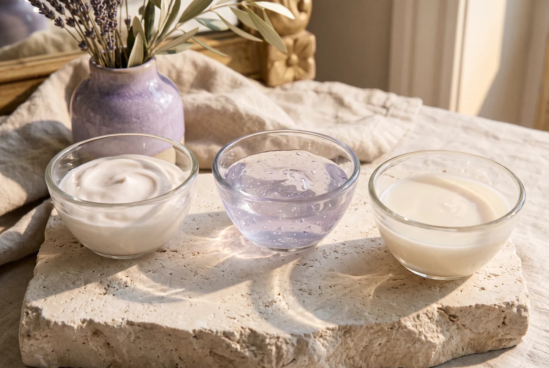 Cream, gel, and lotion textures in clear glass bowls on a stone pedestal