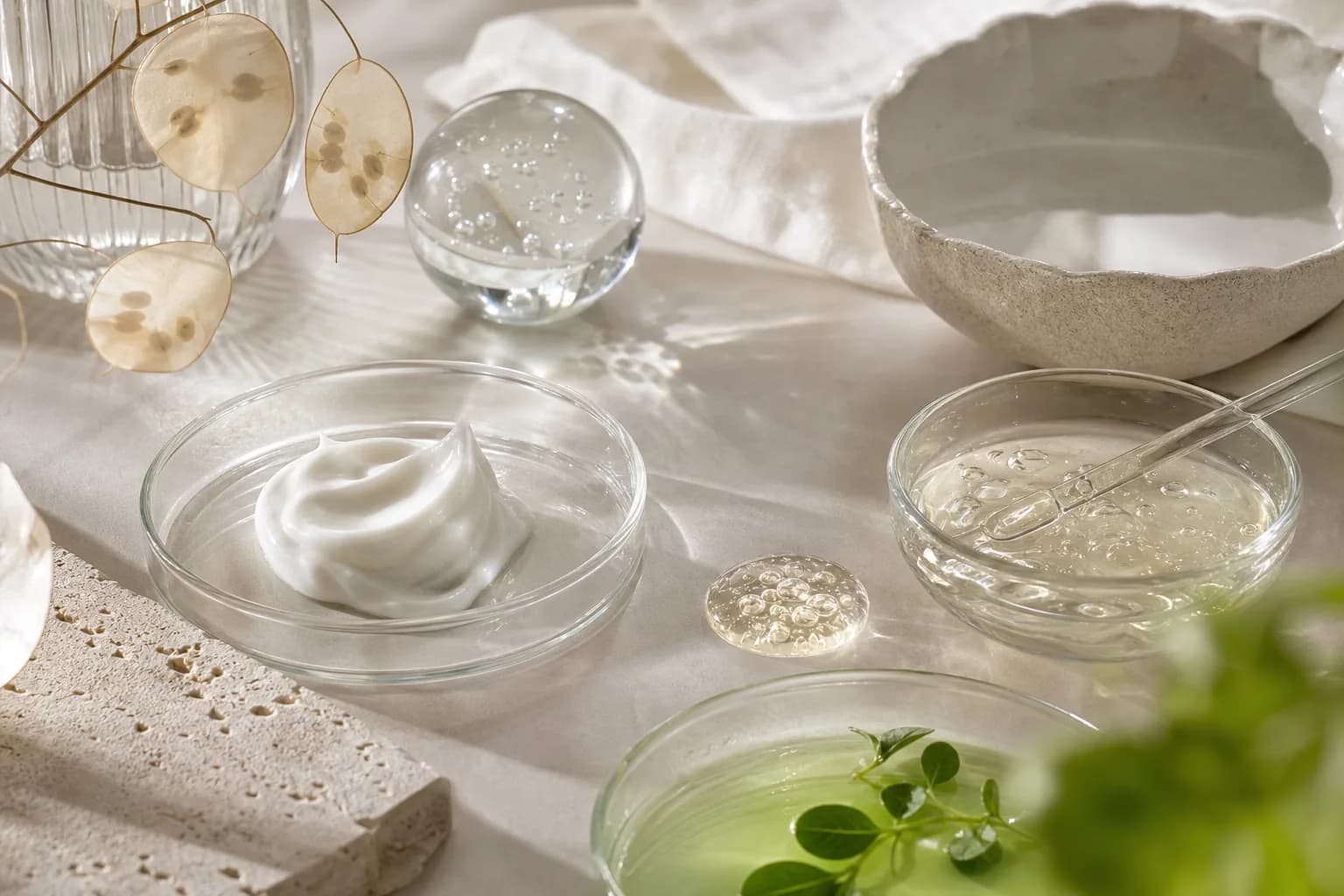 Close-up jar of cream and gel droplet on ceramic — texture and concentration focus