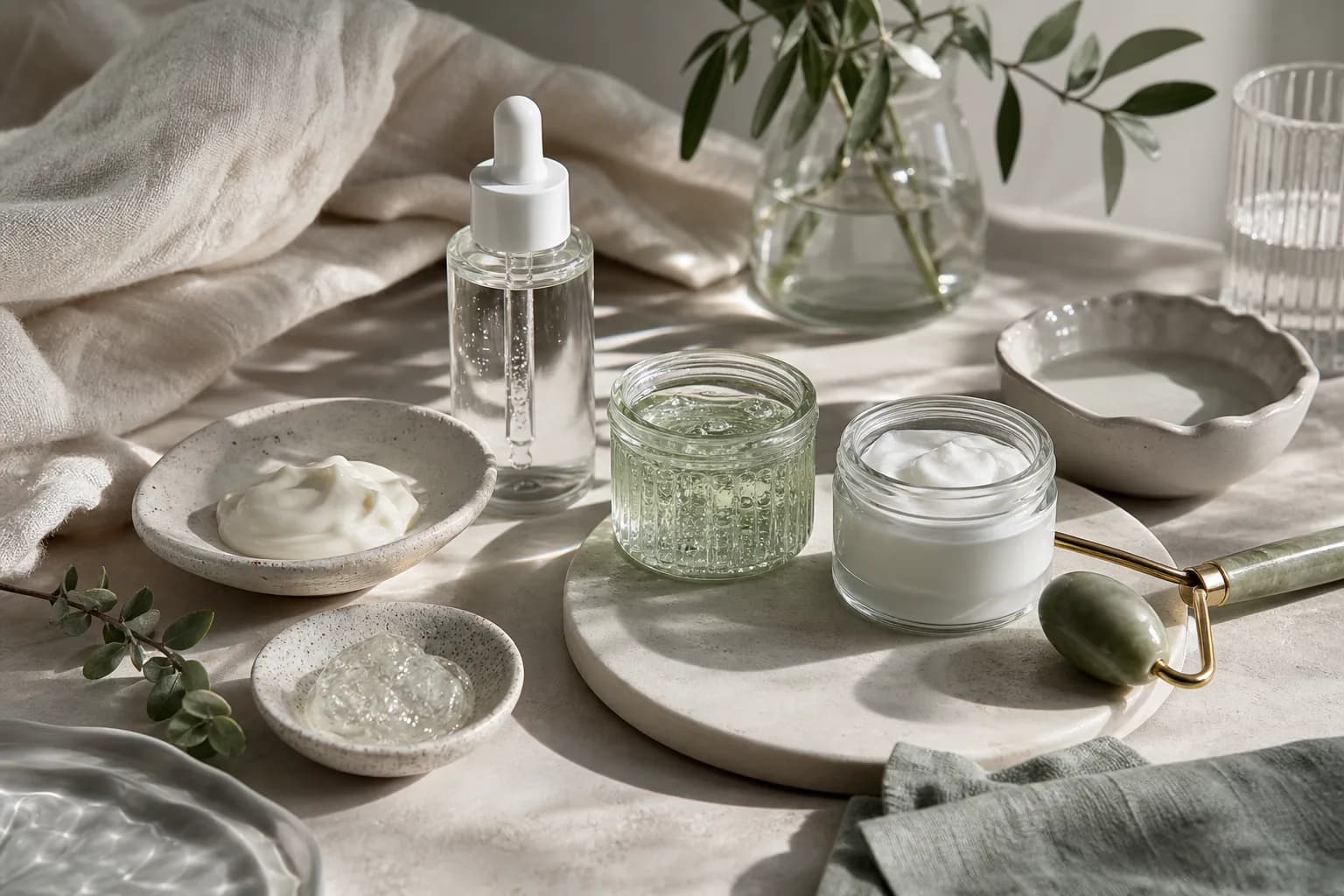 Pea-size tretinoin amount on ceramic spoon with towel and sunscreen nearby