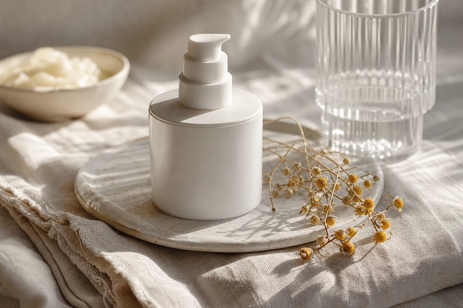 White pump jar on linen with ceramic tray and chamomile sprig, soft side light