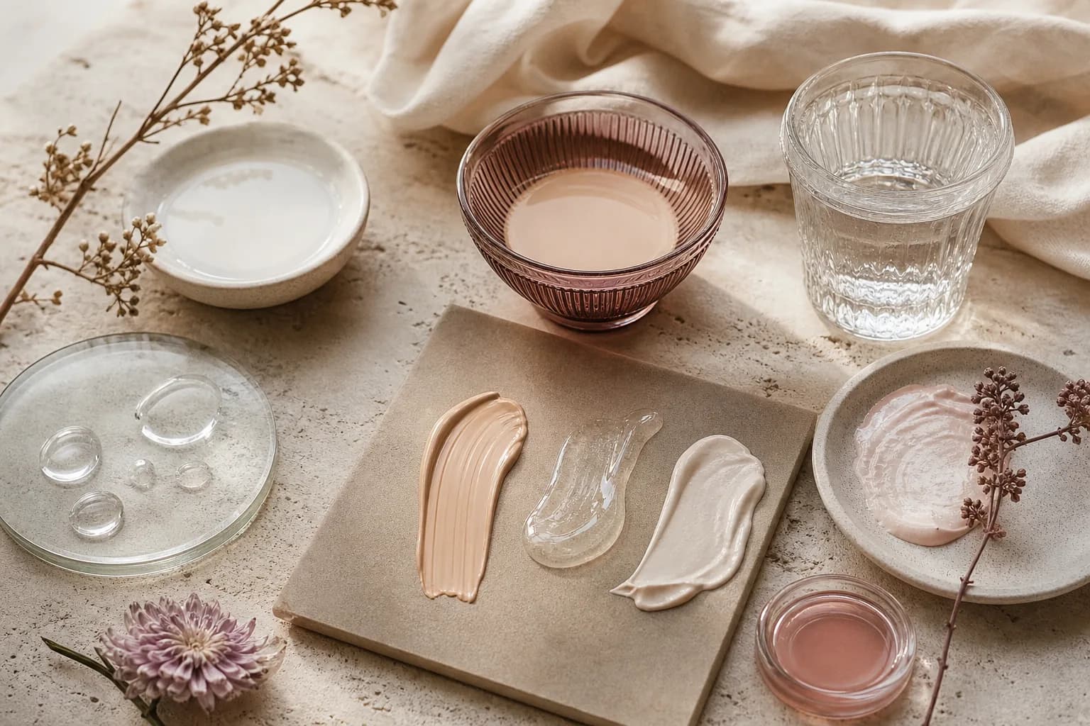 Cream foundation dollop on ceramic tile showing dewy texture
