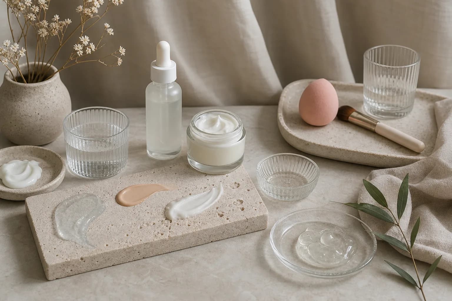 Damp sponge and pump bottle with a small dollop of liquid foundation