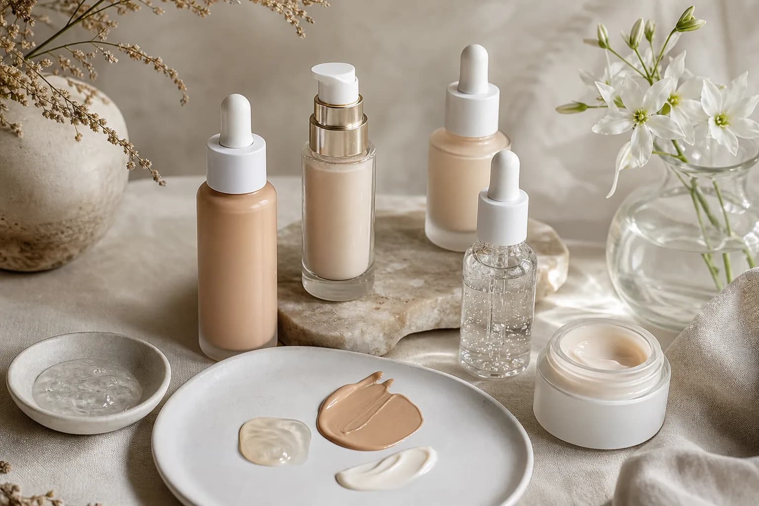 Glass vials with humectant and emollient labels beside satin foundation swatch