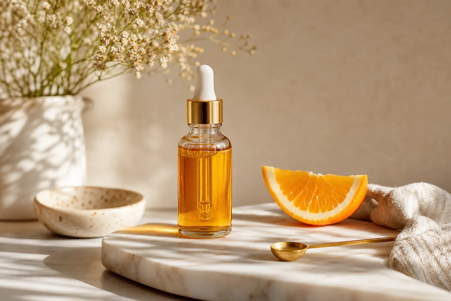 Dropper bottle of vitamin C serum on marble with orange wedge, morning light