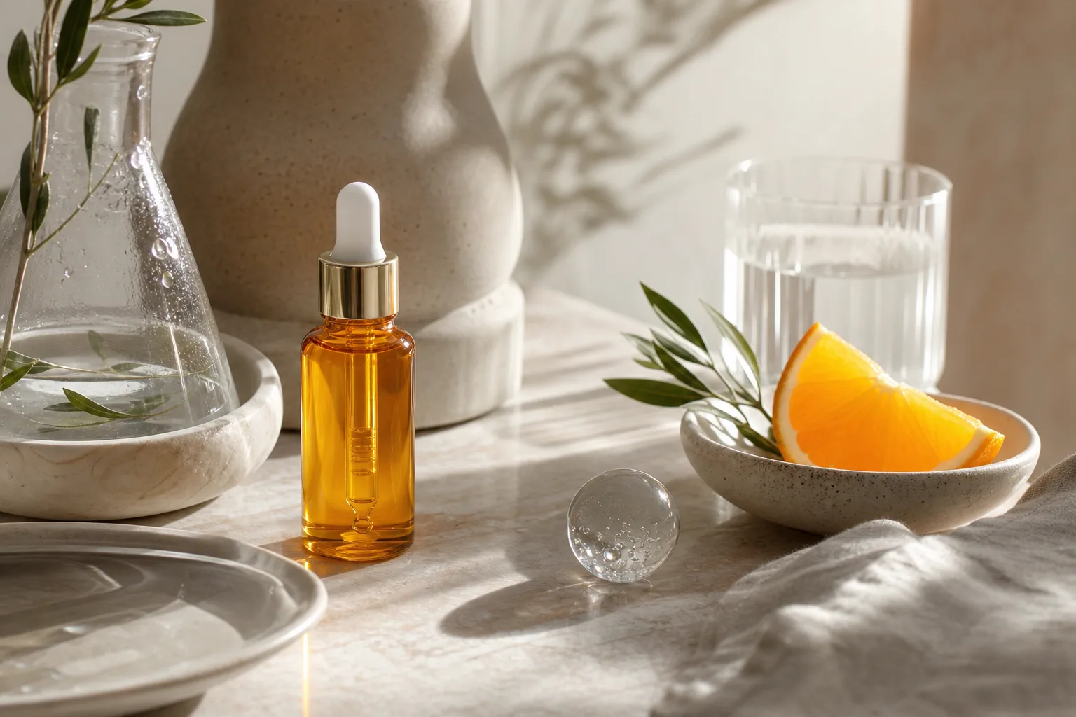Ceramic tray with serum droplets and cotton pad, morning routine props