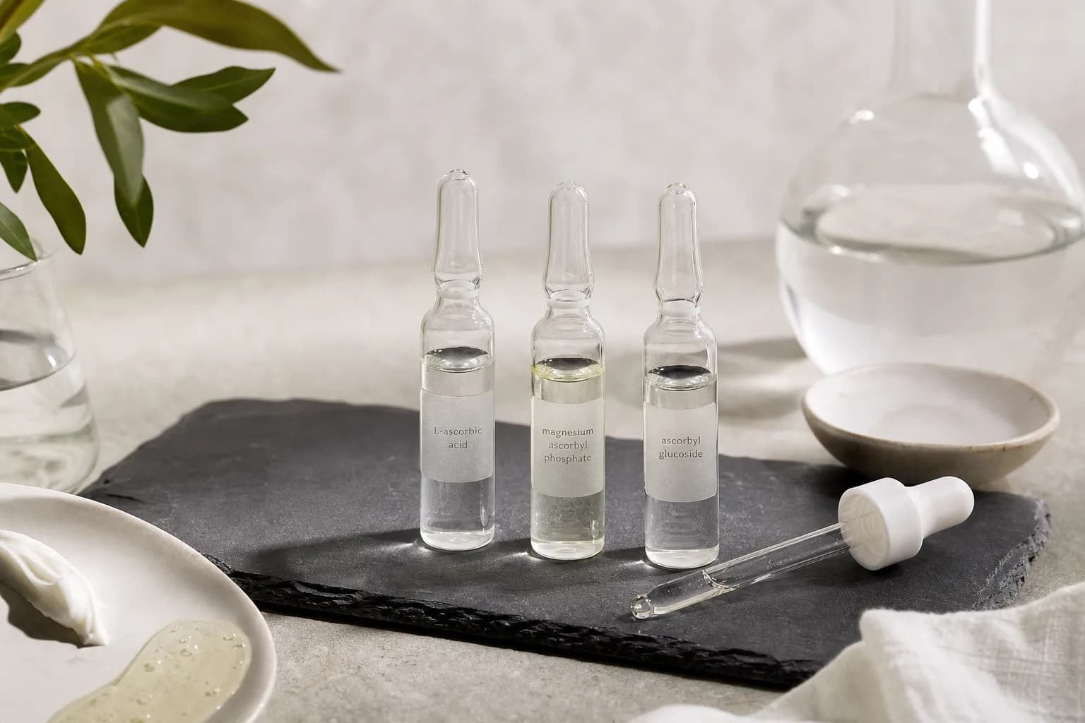 Three ampoules representing different vitamin C forms on slate