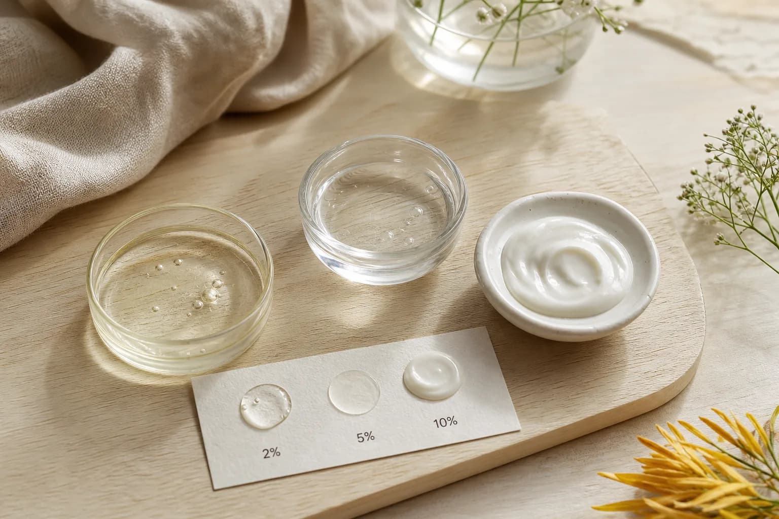 Three dishes showing different serum textures and concentrations