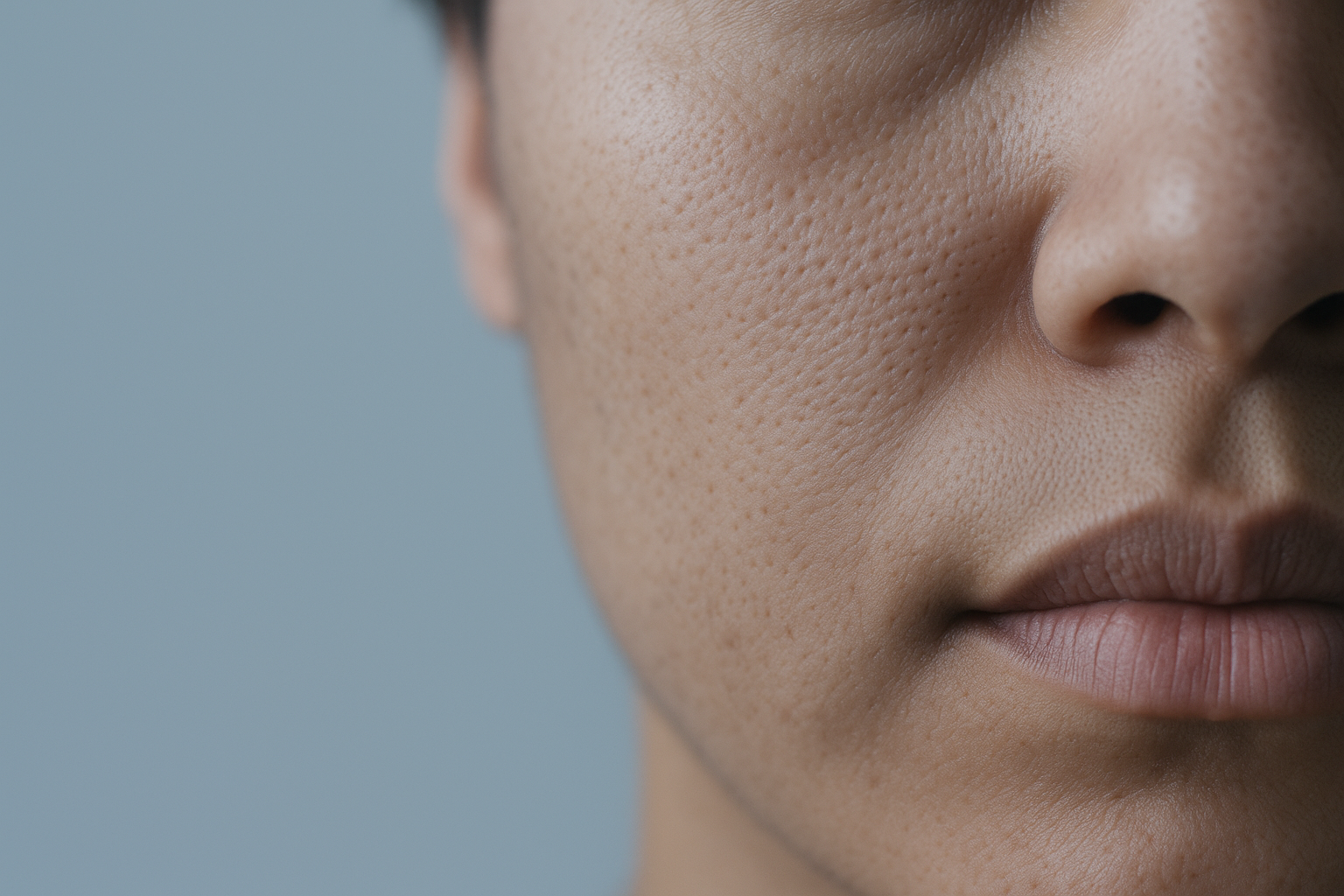 Close-up clinical editorial photograph of healthy facial skin in a cool blue‐gray palette showing real skin texture and pores, no text or logos.